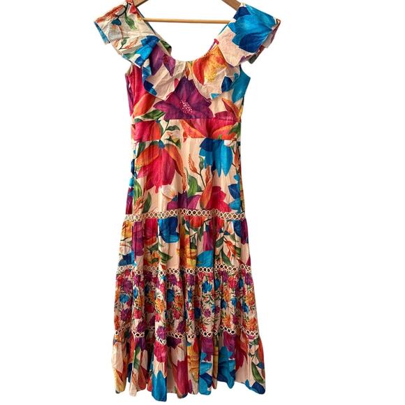 FARM Rio Vibrant Mary’s Garden Frilled Top Midi Dress Size Small - Picture 11 of 14